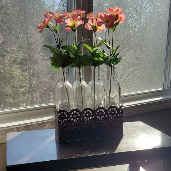 Other - Pink Artificial Flower Arrangement in Clear Glass Bottles